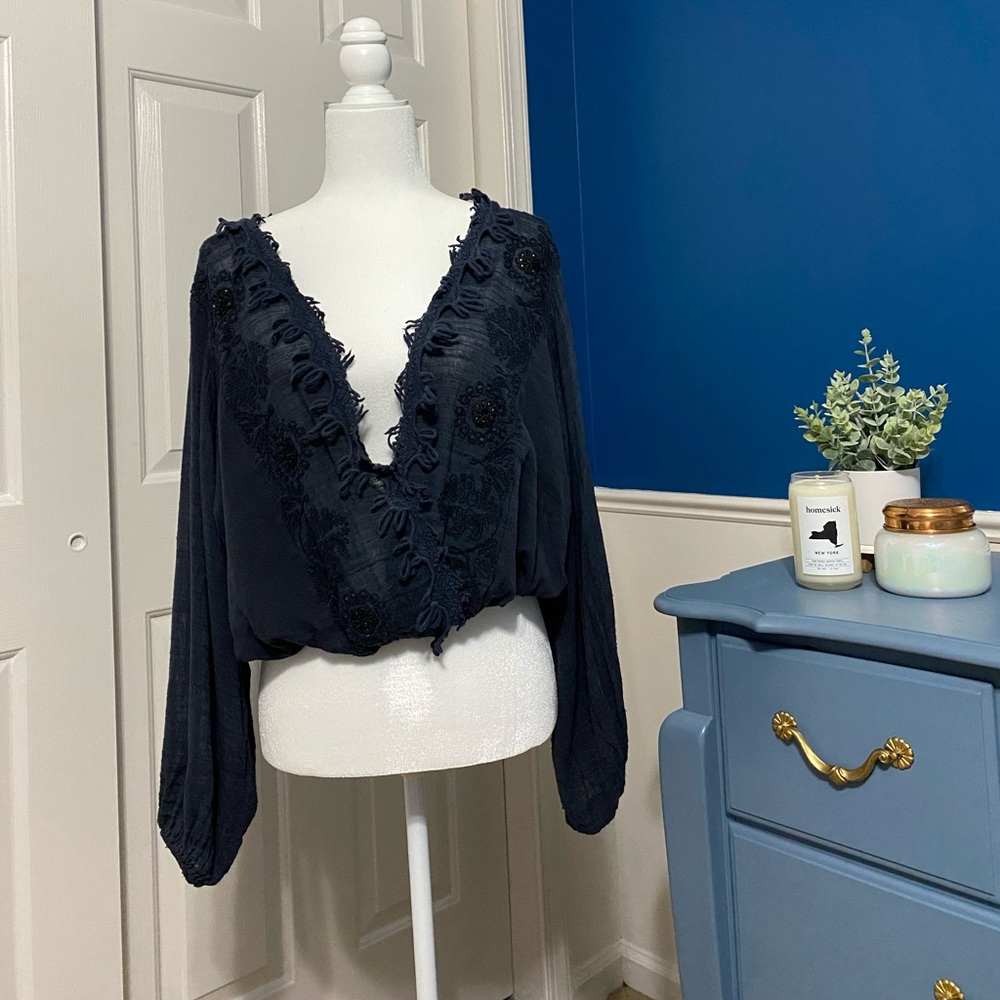 Free People Long Sleeve Navy Shirt